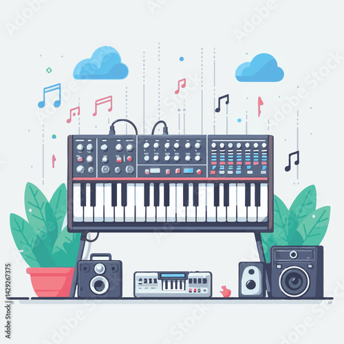 music, sound, synthesizer, instrument, musician, equipment, keyboard, piano, audio, studio, modern, electronic, musical, entertainment, digital, illustration, vector, concert, song, professional, desi