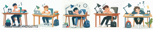 set vector teenagers falling asleep while studying