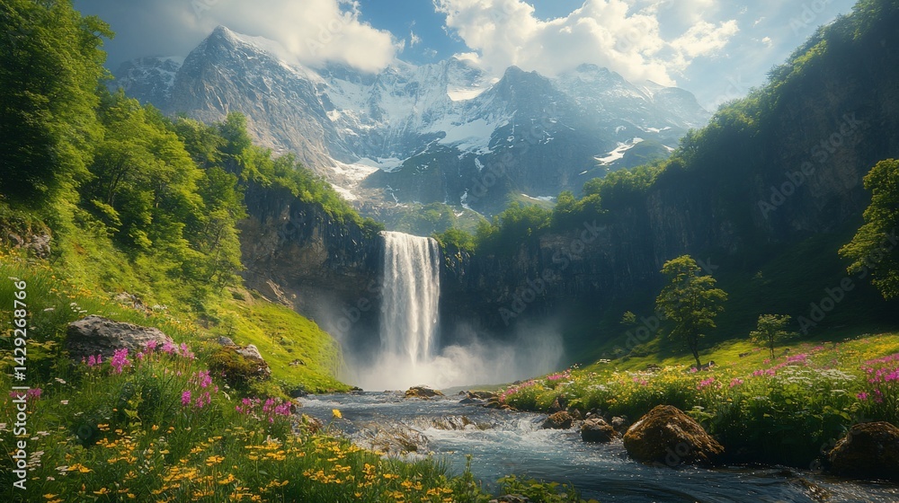 Fototapeta premium Majestic Waterfall Cascading Down Mountain with Lush Greenery and Snowy Peaks