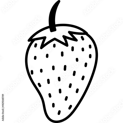 Lovely doodle strawberry with stem, seeds and leaves. Simple hand drawn garden and farming summery fruit isolated on white background. Cute vector of healthful raw food for poster, branding, design