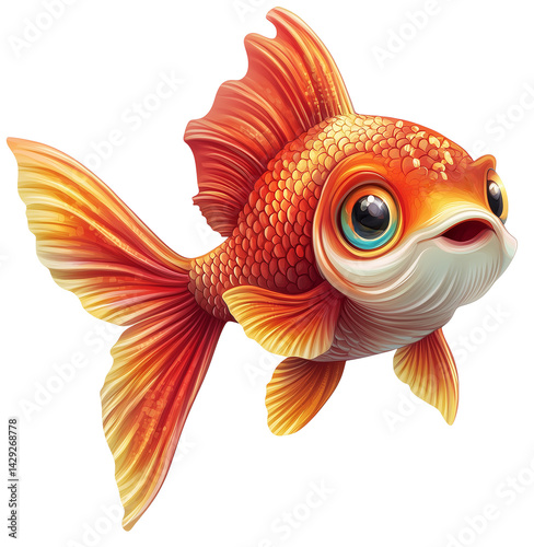 Close-up of a goldfish with big eyes in cartoon and 3D style, on a transparent background. 