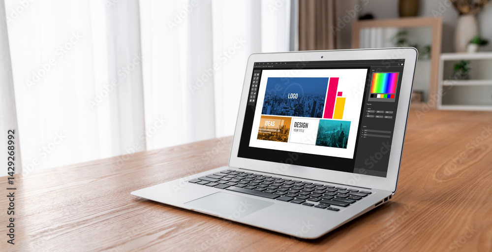 Graphic designer software for modern design of web page and commercial ads showing on the computer screen Graphic designer software for modern design of web page and commercial ads showing on the computer screen