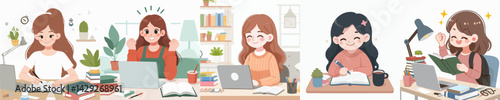 happy teenager vector set while studying