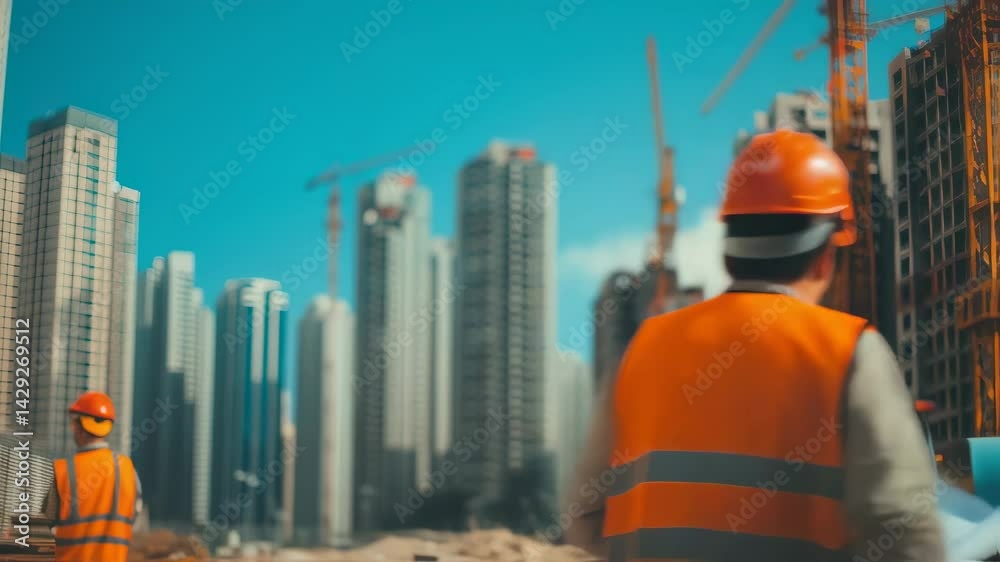 Construction Site with Workers and Cranes