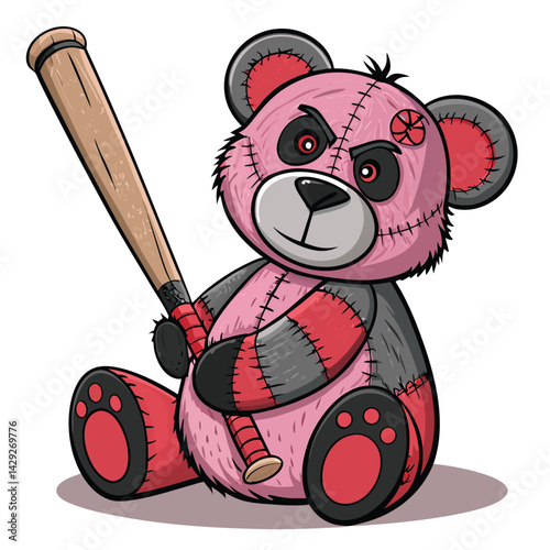 A terrifying possessed teddy bear, eyes glowing red, clutching a miniature baseball bat inside a plush, dimly lit toy store.