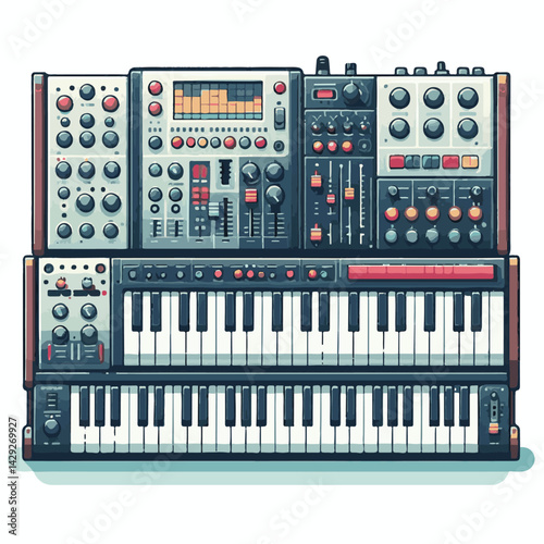 music, sound, synthesizer, instrument, musician, equipment, keyboard, piano, audio, studio, modern, electronic, musical, entertainment, digital, illustration, vector, concert, song, professional, desi