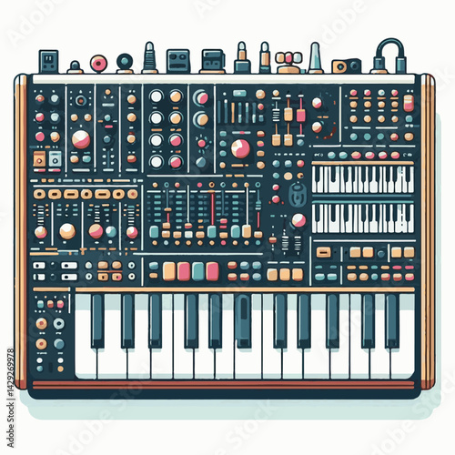 music, sound, synthesizer, instrument, musician, equipment, keyboard, piano, audio, studio, modern, electronic, musical, entertainment, digital, illustration, vector, concert, song, professional, desi