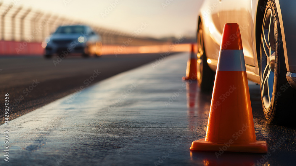 Driving course setup with traffic cones and cars on training track for skill enhancement and safety practice