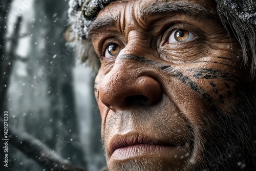 Close-up of elderly Neanderthal man with tribal face paint in winter forest setting