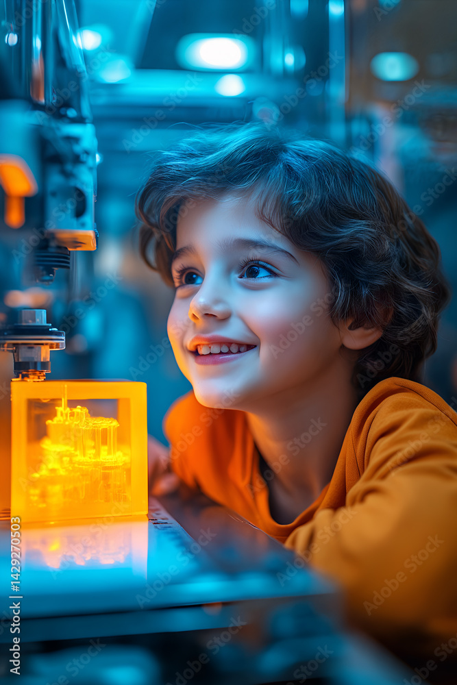 Curious child boy observing advanced 3d printer in high-tech environment with bright design