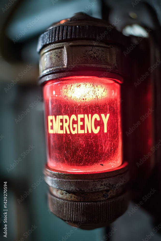 Close-up of vintage red emergency alarm light with illuminated warning text
