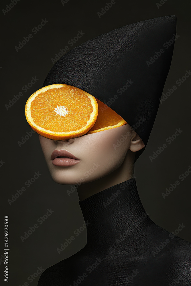 Abstract portrait of woman with sliced orange and black cone hat on dark background
