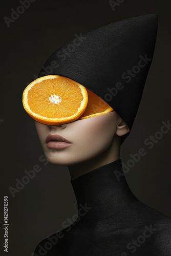 Abstract portrait of woman with sliced orange and black cone hat on dark background