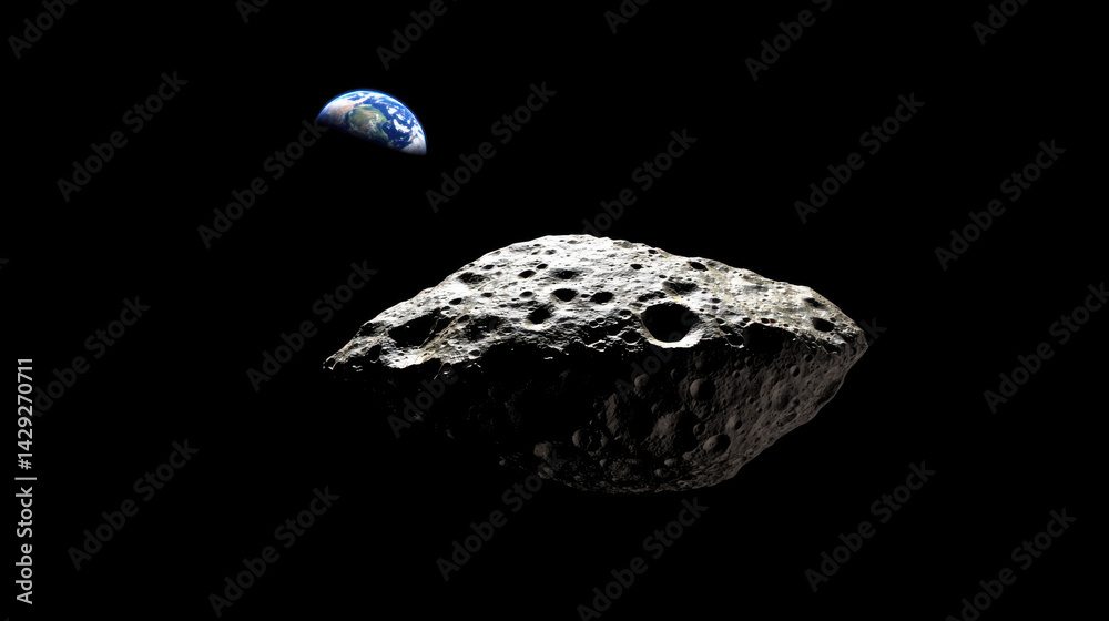 Massive asteroid approaching earth in outer space highlighted against black cosmic background