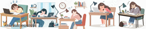 set vector teenagers falling asleep while studying