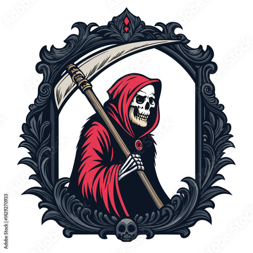 A grim reaper, cloaked in ornate black, wields an oversized scythe within a darkly lit, gothic-styled interior.  Focus on detail of the scythe and the reaper's attire.