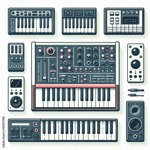 music, sound, synthesizer, instrument, musician, equipment, keyboard, piano, audio, studio, modern, electronic, musical, entertainment, digital, illustration, vector, concert, song, professional, desi