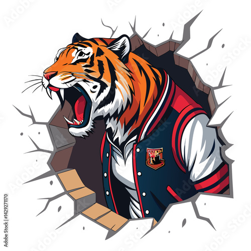 A ferocious tiger, wearing a varsity jacket, bursts dramatically from a shattered brick wall, claws extended.