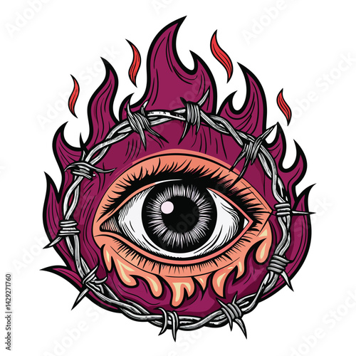 Render a surreal image a screaming eye, intensely detailed, enveloped by barbed, bioluminescent intestines, suggesting internal conflict.