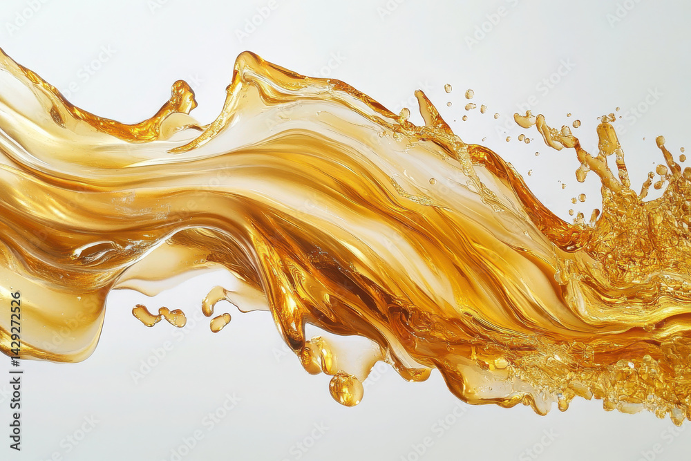Fototapeta premium A dynamic splash of golden liquid mid-motion against a white background, showcasing fluidity and elegance in liquid dynamics