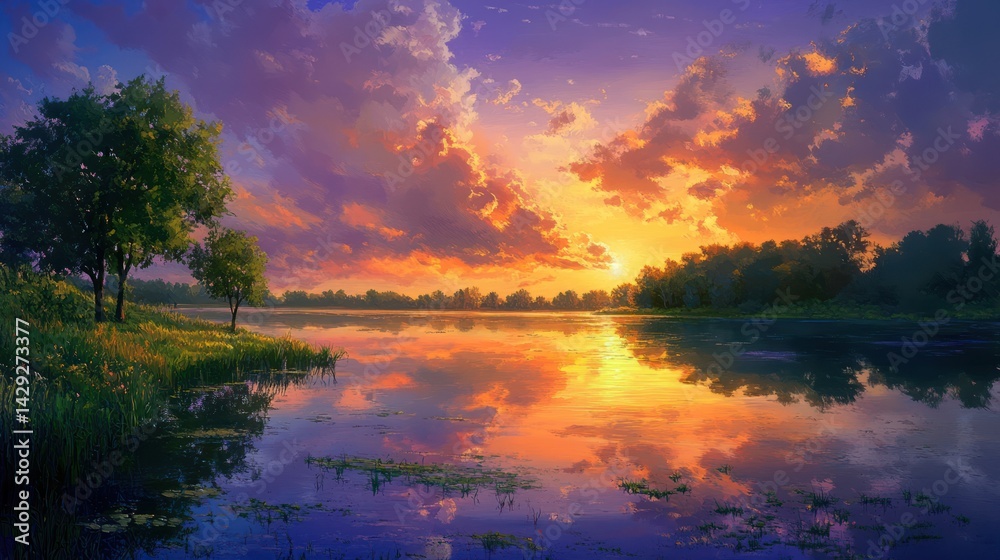 Obraz premium Serene lake reflects sunset sky. Forest behind. Ideal tranquil scenery wallpaper