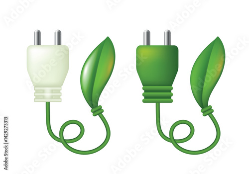 Alternative energy. Plug and green leaf on the end of the wire. Vector 3d illustration.