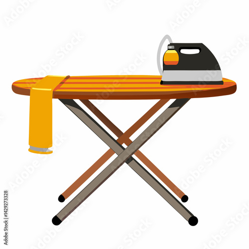 Iron and ironing board with a yellow cloth on a white background,for the concept of hotel business