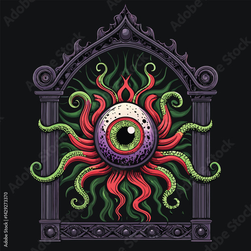 Render a grotesque, slimy eyeball monster with multiple tentacles reaching outward, dripping viscous fluid.  Focus on detailed texture and unsettling anatomy.