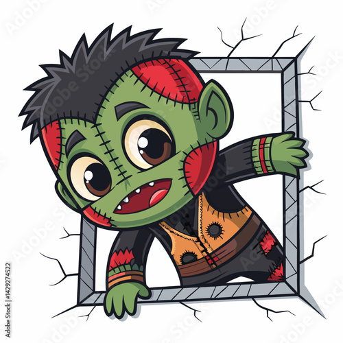 A grotesque patchwork monster face, stitched together from various fabrics, emerges from a shadowed, unseen void, reaching out with clawed fingers.