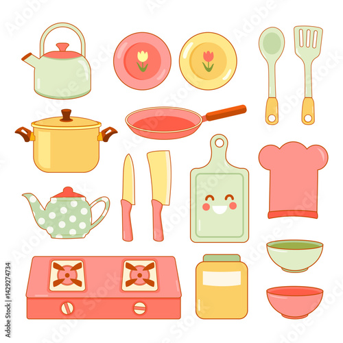 Cute Kitchenware And Cookware Set Stuff Vector Illustration Pastel Colour