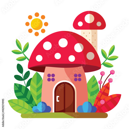 Whimsical Mushroom-Shaped House with Vibrant Colors and Nature Elements