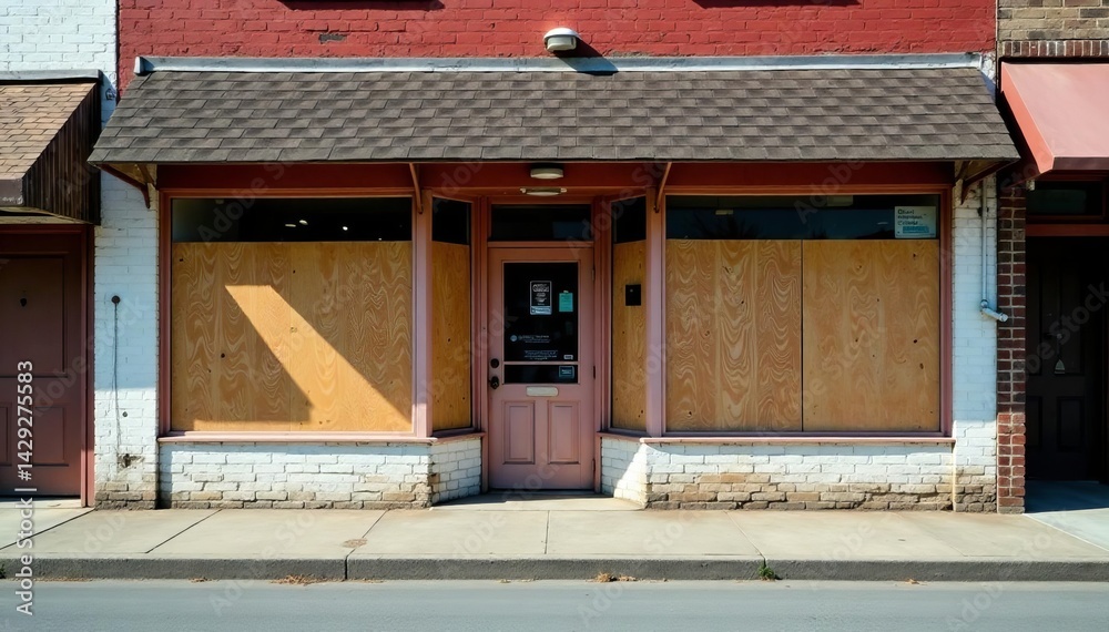 Naklejka premium Exterior of a neglected commercial property with boarded up windows and no signs of life, commercial, decay, property