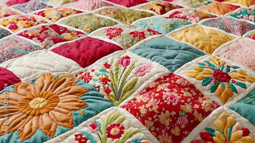 Patchwork quilt. A cosy background made from a colourful self-sewn patchwork quilt with embroidery. Background, banner, postcard, texture, backdrop, banner, wallpaper.