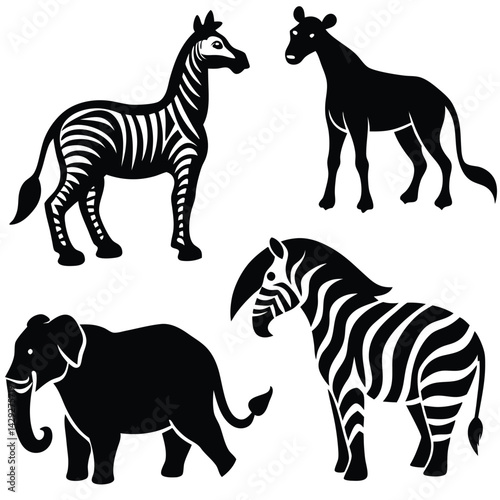 6 animal silhouettes in various poses a tiger, elephant, eagle, dolphin, giraffe, and zebra 