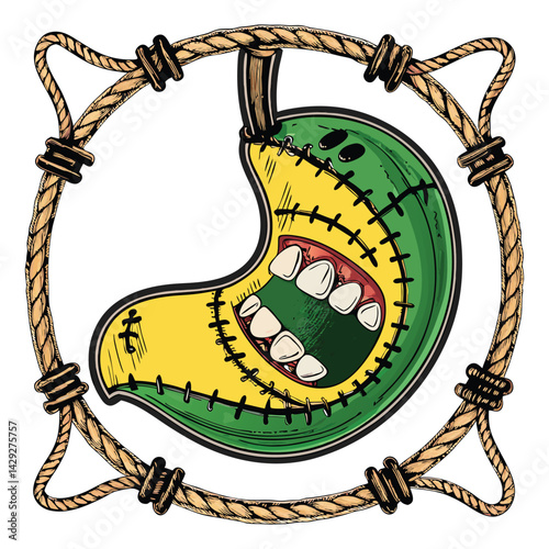 A grotesque close-up of a stitched human stomach, with rows of sharp teeth aggressively gnawing through a thick, frayed rope.