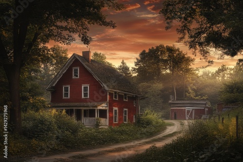 Rustic red farmhouse at dawn photo