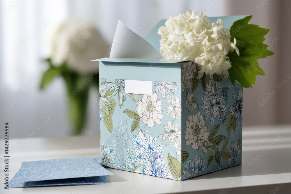 Decorative Floral Gift Box with Note and White Hydrangea Accents