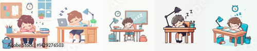 set vector kids falling asleep while studying