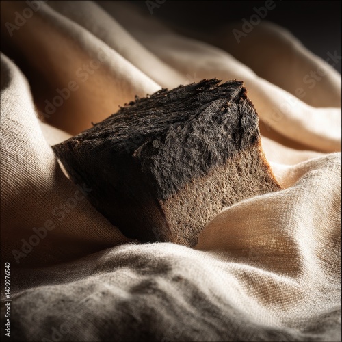Dark Rustic Wood Block on Soft Natural Fabric Background