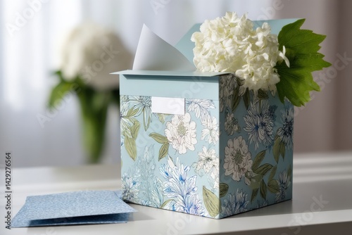 Obraz na płótnie Decorative Floral Gift Box with Note and White Hydrangea Accents w salonie