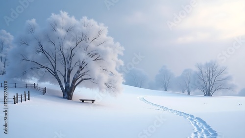 Ultra-High-Resolution Winter Landscape Illustration of Snow-Covered Trees with Frosted Branches and Golden Light Amid Serene, Misty Surroundings”