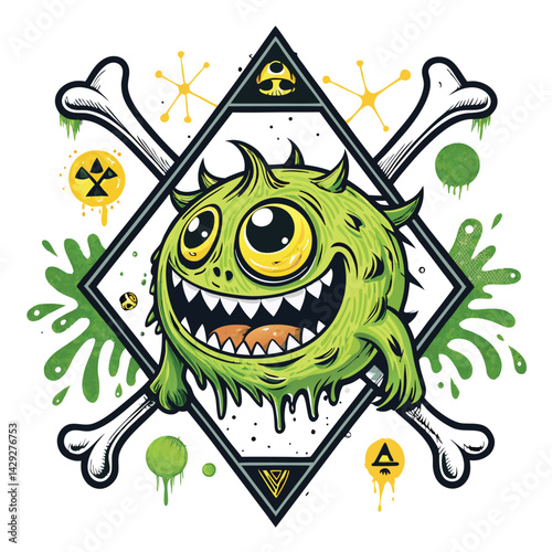 Create a terrifying illustration of a stomach monster, clawed and dripping with corrosive acid; the frame should dynamically depict an acid splash.
