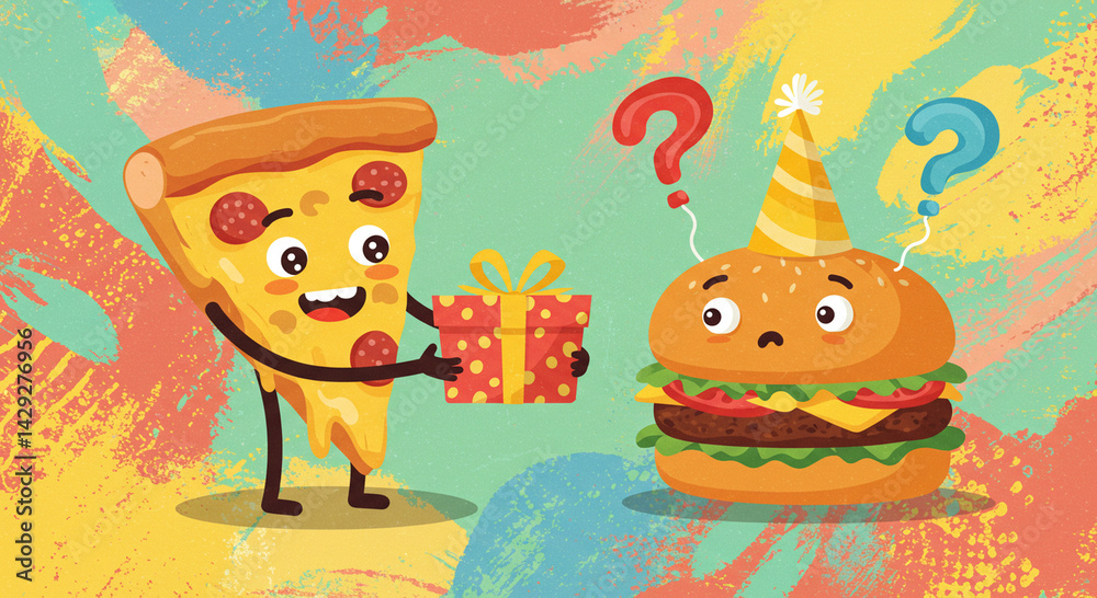 Fototapeta premium Happy Pizza Slice Giving Gift to Curious Birthday Burger on Colorful Background