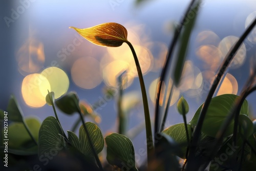 Obraz na płótnie Delicate Leaf Emerging with Sunlight and Bokeh Effect Background w salonie