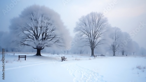 Ultra-High-Resolution Winter Landscape Illustration of Snow-Covered Trees with Frosted Branches and Golden Light Amid Serene, Misty Surroundings”