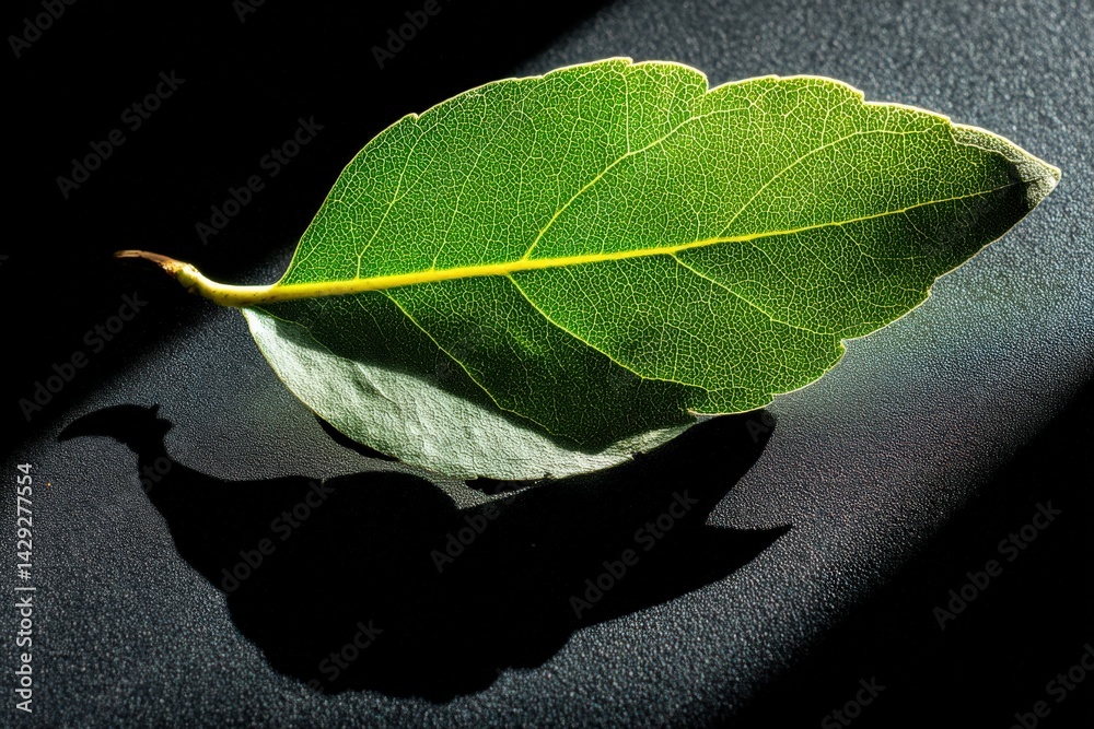Detailed Green Leaf with Shadow on Dark Surface in Natural Light