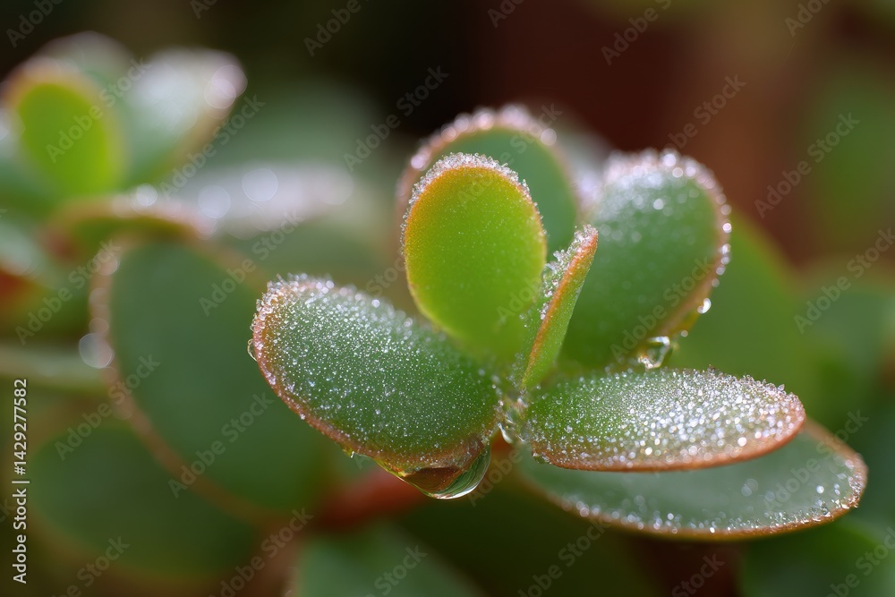 Dew-Covered Succulent Leaves Glimmering in Soft Morning Light