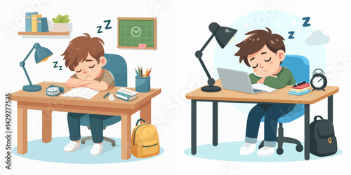 set vector kids falling asleep while studying