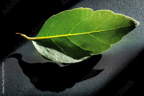 Obraz na płótnie Detailed Green Leaf with Shadow on Dark Surface in Natural Light w salonie