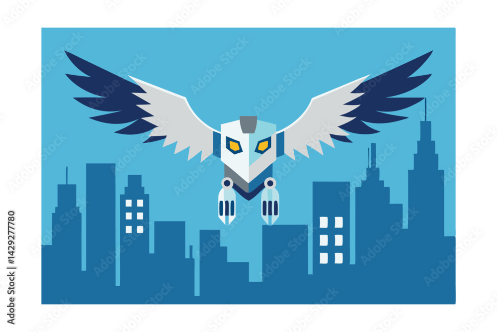 Fototapeta premium Robotic Eagle Soaring Above A Cityscape